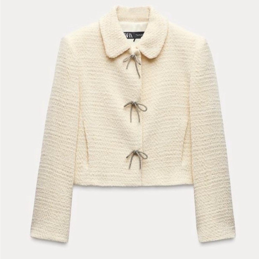 ZARA Cream Tweed Textured Rhinestone Jewel Bow Button Cropped Jacket Blazer